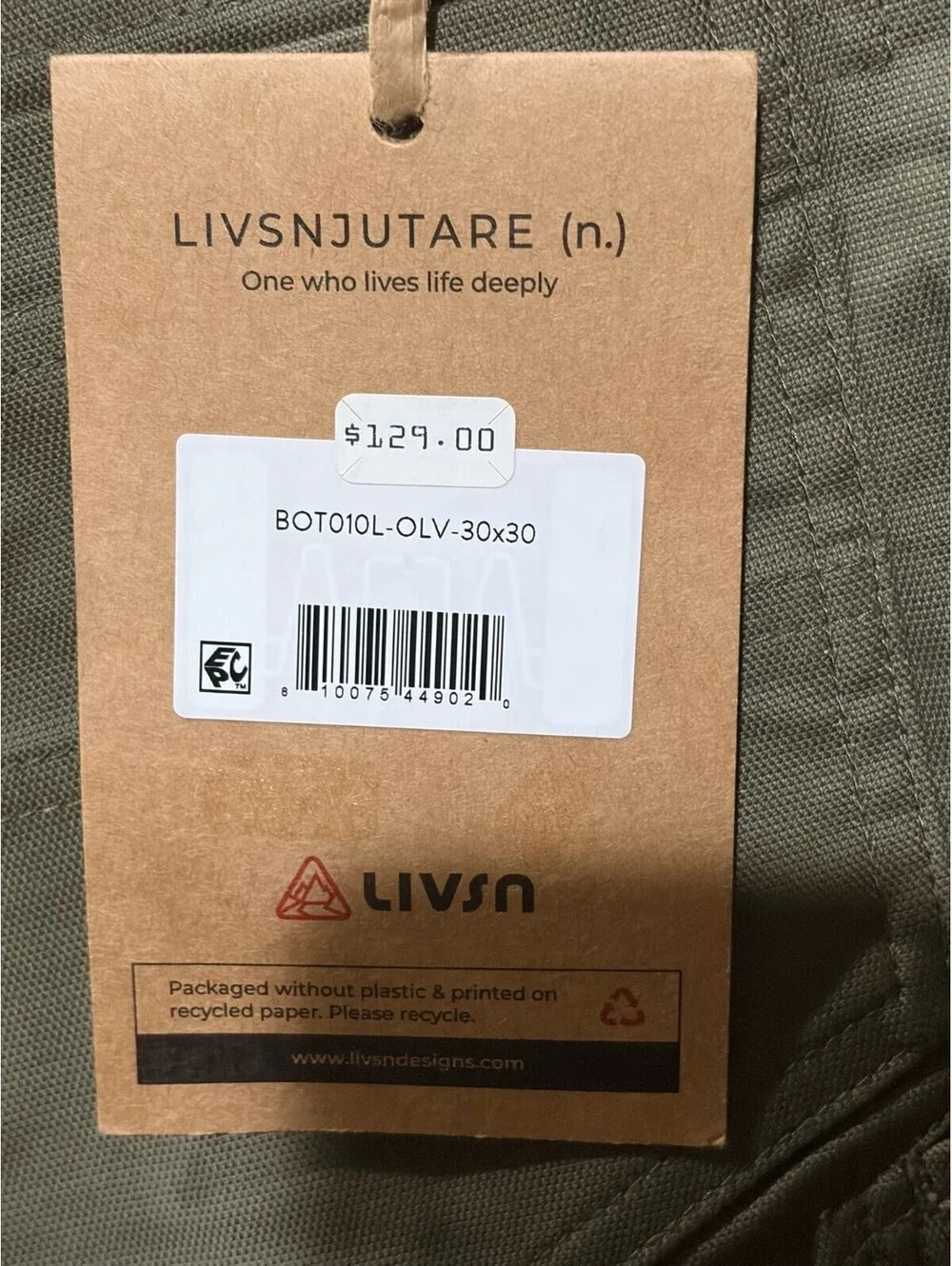 LIVSN Flex Canvas Pants - Brown - BOT010L-OLV- 30x 30 New with Tags $129 MSRP